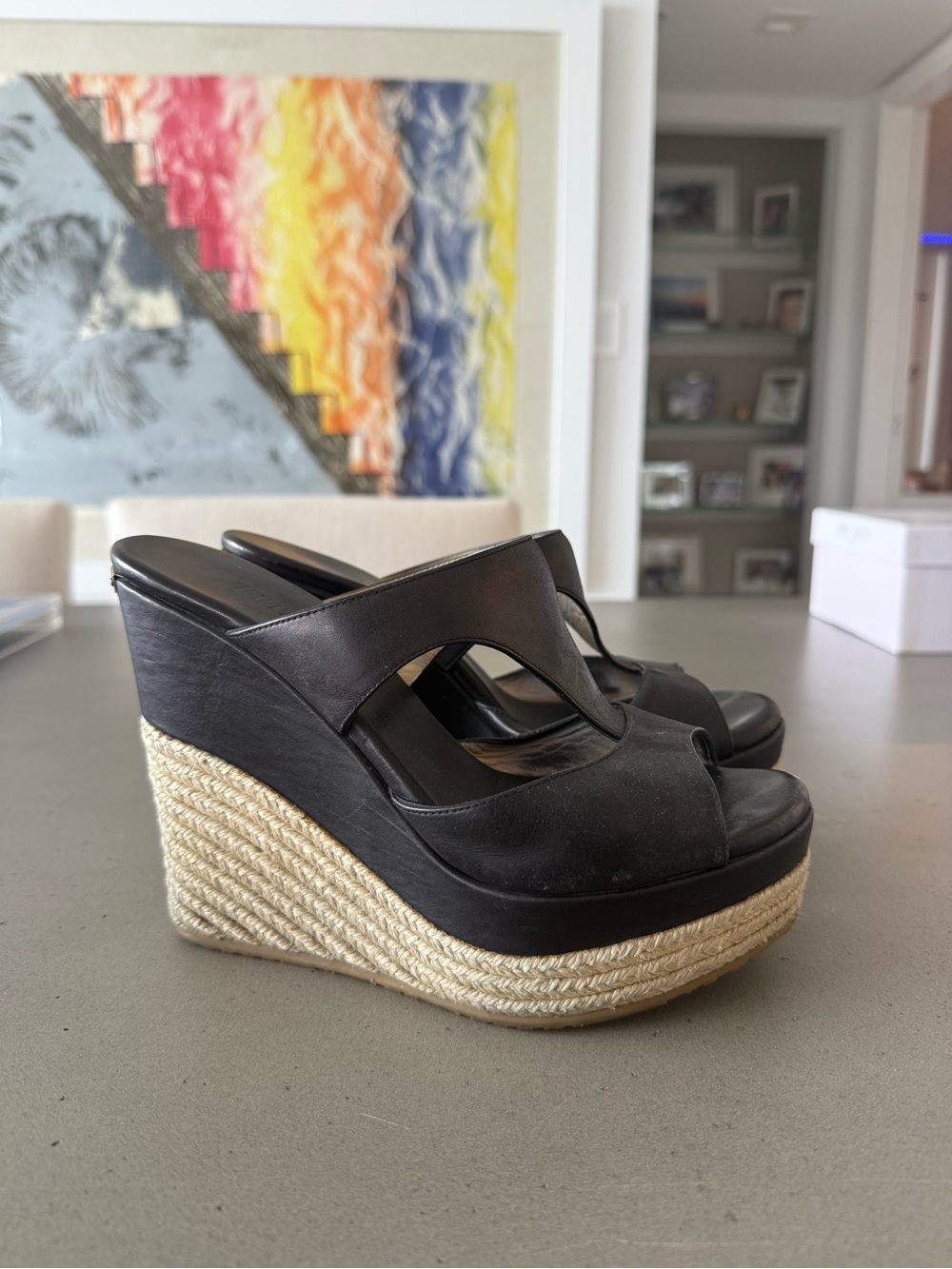 Black Leather Espadrille Platform Mule - Women's Shoes - Picture 2 of 4